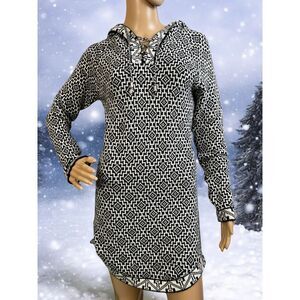 Artesania Peruvian‎ Alpaca Hooded Sweater Dress Geometric Black White Lace Up M